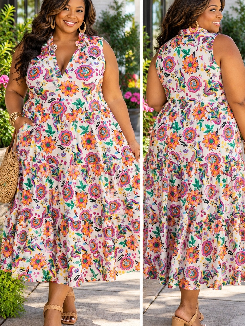 Crosby by Mollie Burch XXL Multicolor Floral Tiered Midi Dress